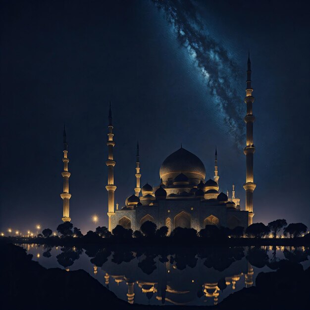 Mesquita árabe com estrelas e lua no lindo céu eid ul adha