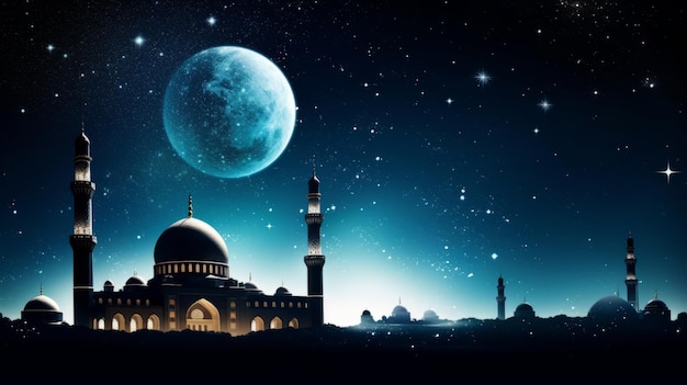 Mesquita bonita de fundo islâmico e vista do céu noturno Generative AI