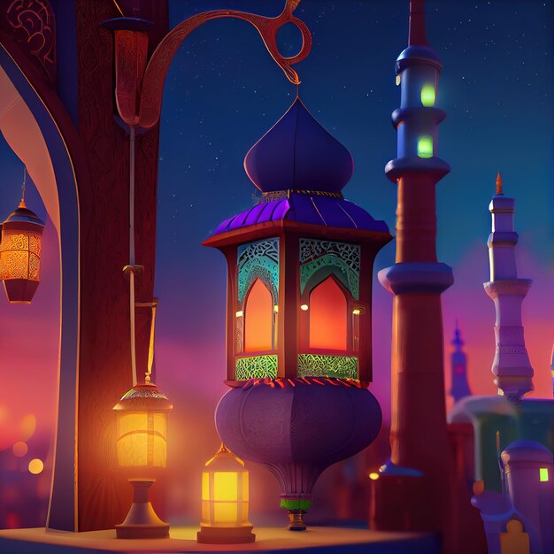 Mesquita colorida e lanterna com luz de noite brilhante Renderização em 3d à noite. ilustração raster