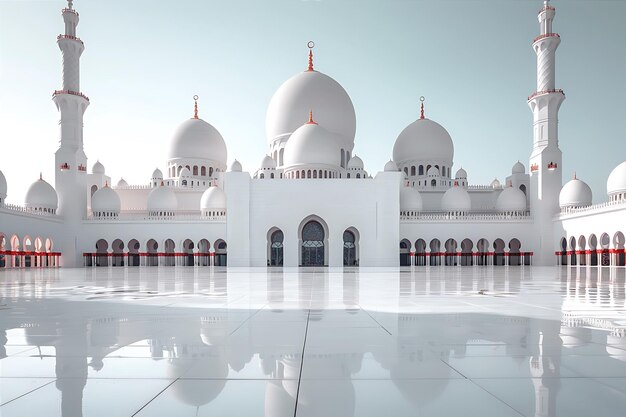 Mesquita com edifícios brancos e cúpula vermelha e branca