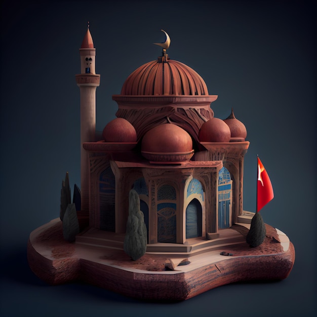 Mesquita com minaretes em uma renderização 3d de fundo escuro