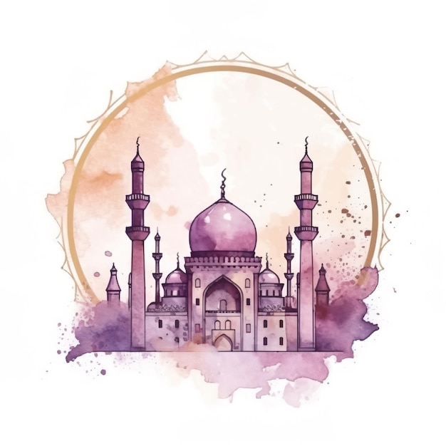 mesquita com saudações islâmicas de lua crescente ilustração do cartão eid no estilo da arte em aquarela