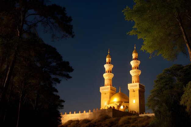 mesquita construção torre cúpula dourada nevoeiro épico amanhecer bando de pássaros iluminação dramática
