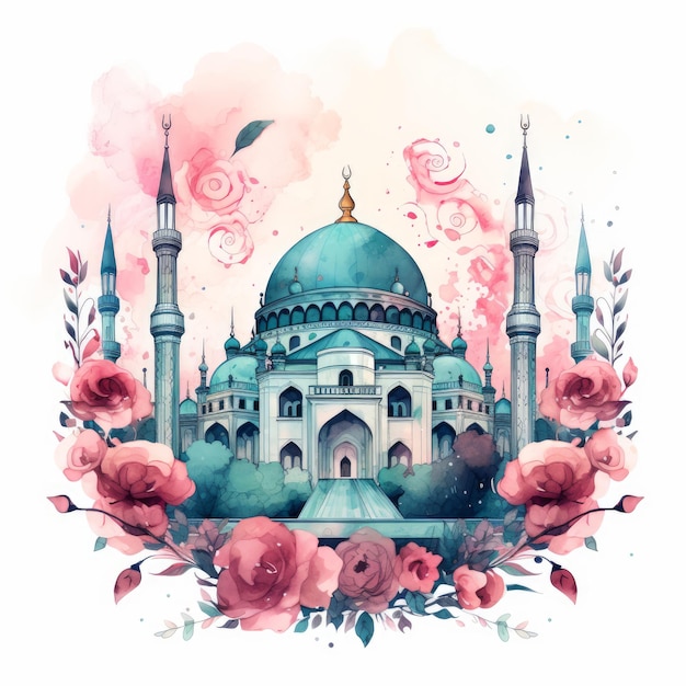 Mesquita de acuarela abstrata com cores vibrantes e mesquita de aquarela com floral e rosa