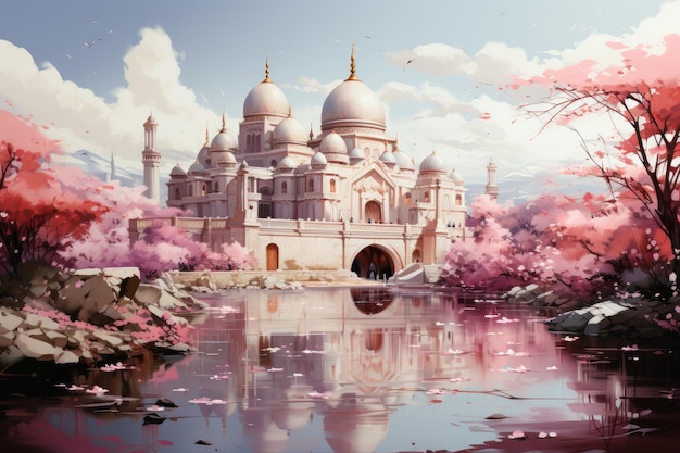 Mesquita de acuarela abstrata com cores vibrantes e mesquita de aquarela olhando com floral e rosa b