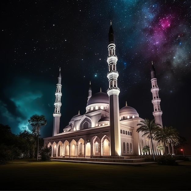 mesquita de beleza com luzes coloridas e fundo de céu cheio de estrelas à noite