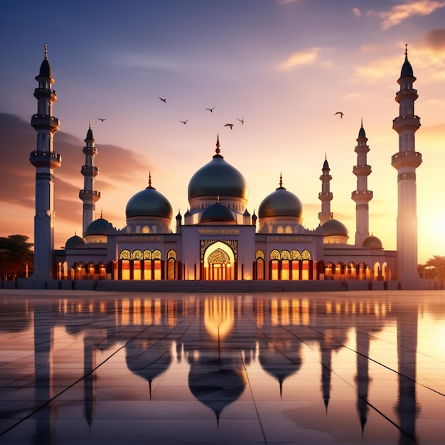 Mesquita de Ramadan Kareem com lanterna na noite com a luz do sol