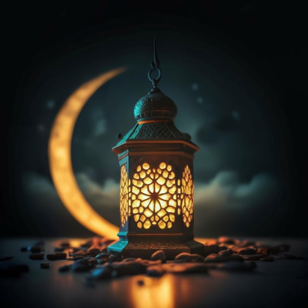 Mesquita de Ramadan Kareem com lanterna na noite com a luz do sol