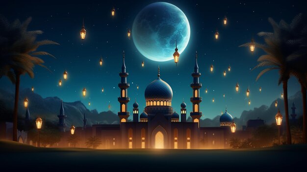 Foto mesquita e lago à noite há uma lua e estrelas o conceito de eid and ramadan generado ai