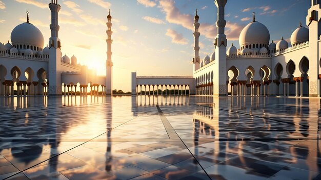 Foto mesquita elegante ao amanhecer com pisos de mármore refletores e minaretes imponentes