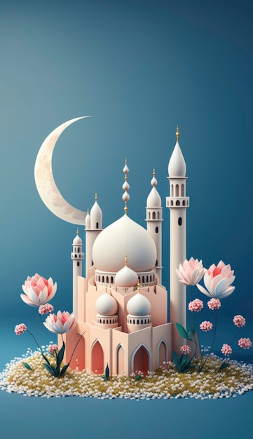 Mesquita em renderização 3d de fundo azul e ilustração geram ai