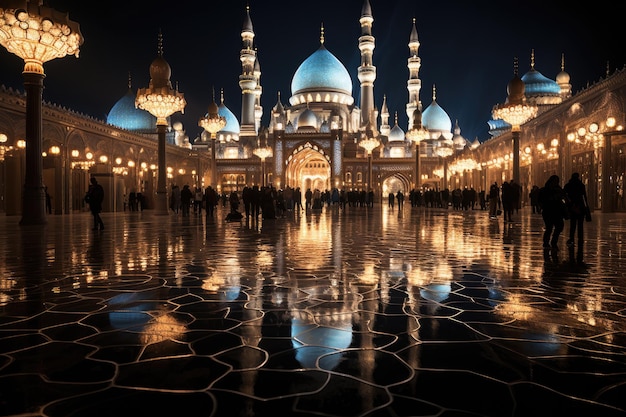 Mesquita iluminada à noite fiel em oração sob o céu estrelado generativo IA
