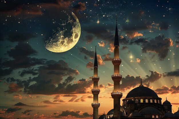 Mesquita iluminada pela maravilha iluminada pela lua e a lua crescente