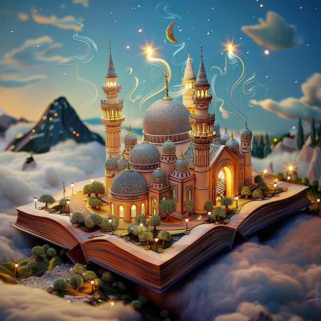 Mesquita islâmica 3D em um livro aberto cercado no estilo de nuvens com luzes e estrelas