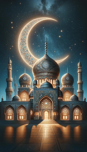 Mesquita islâmica à noite com uma lua crescente atrás