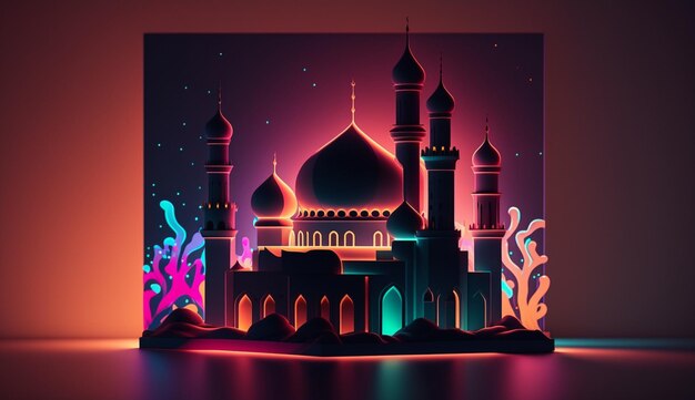 Mesquita islâmica com fundo colorido para celebração islâmica