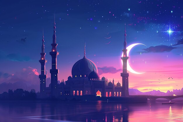 Foto mesquita islâmica com lua e estrelas à noite cena de mesquita na noite do ramadã com belo céu
