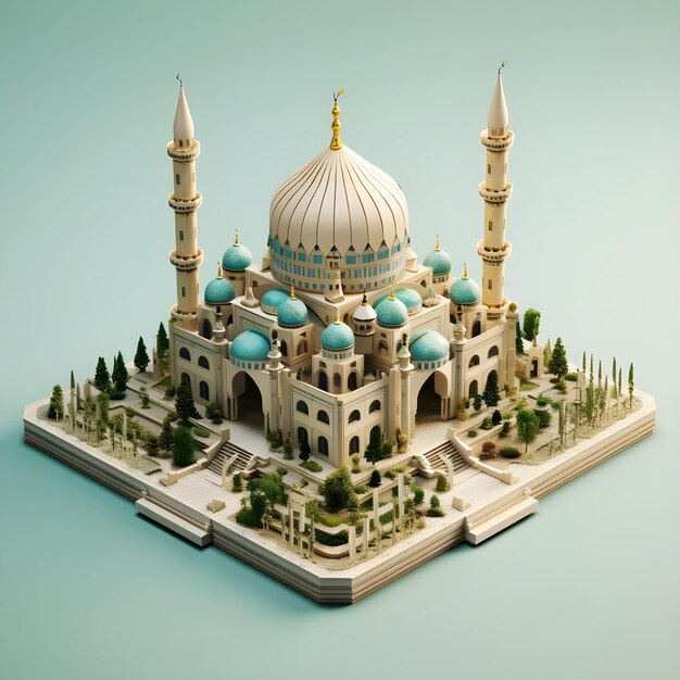 Mesquita islâmica em visão isométrica Ilustração de renderização 3D