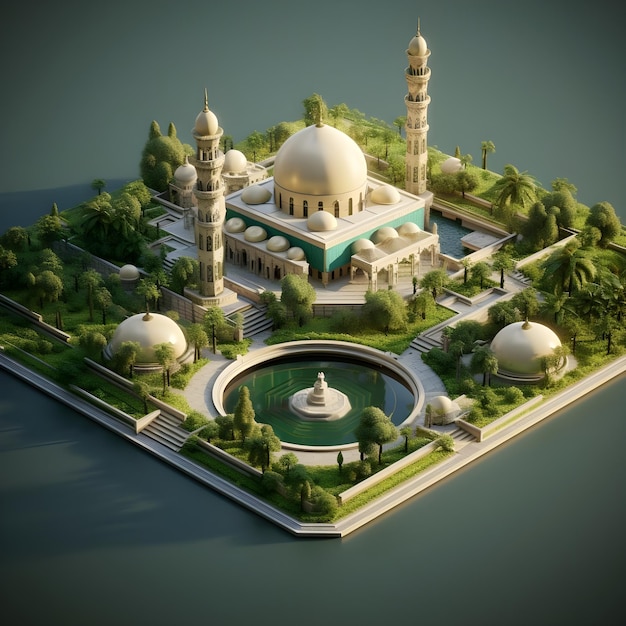 Mesquita islâmica em visão isométrica Ilustração de renderização 3D