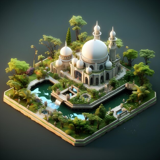 Mesquita islâmica em visão isométrica Ilustração de renderização 3D