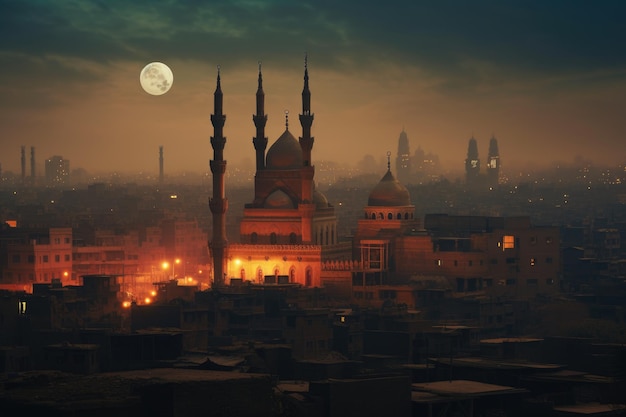 Mesquita na cidade à noite com renderização em 3D de lua cheia Paisagem urbana do Cairo gerada por IA