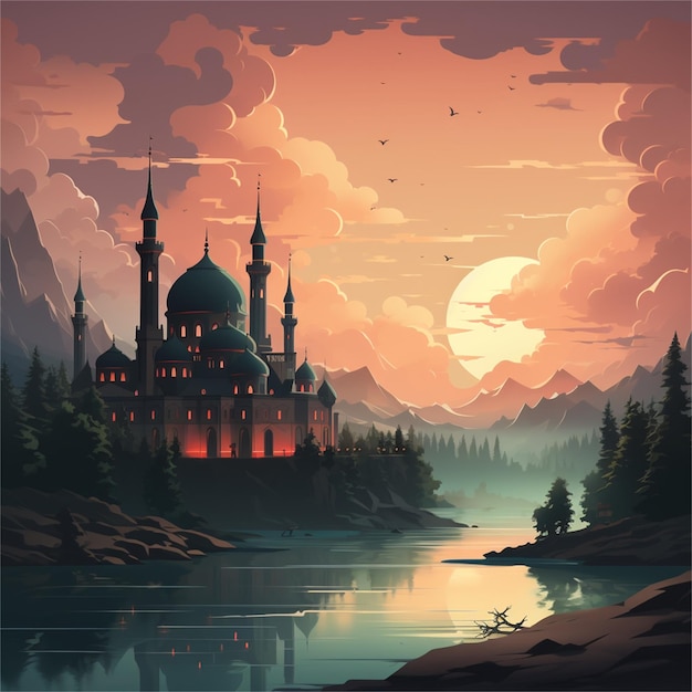 Mesquita na floresta ao pôr-do-sol Ilustração vetorial em estilo plano