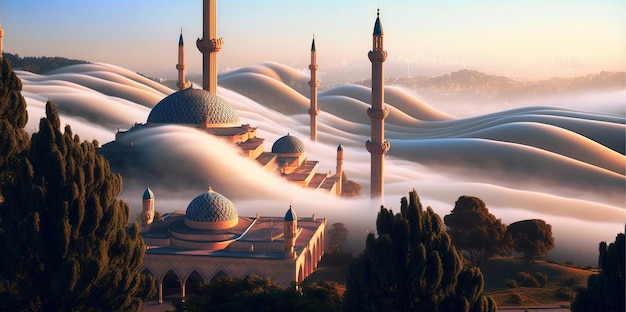 Mesquita nas nuvens com o sol brilhando sobre ela