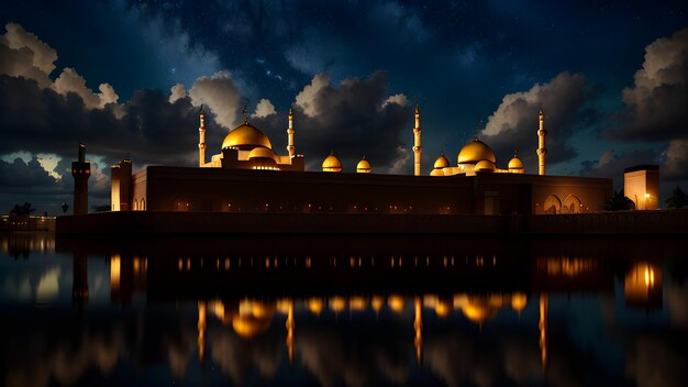 Mesquita no fundo do Ramadã Eid Bela visão noturna da lua das estrelas Incrível arquitetura islâmica AI