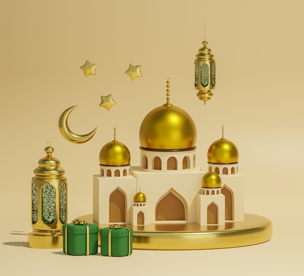 Mesquita no pódio dourado, crescente e estrela acima.