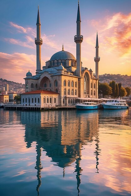 Foto mesquita ortakoy na margem do bósforo em istambul, turquia, ao pôr-do-sol