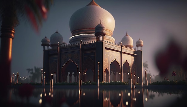 Mesquita perto do lago à noite com luzes brilhantes Conceito de arquitetura oriental Ramadan Generative AI