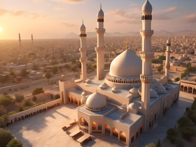 Mesquita pitoresca ao pôr do sol Fotos cativantes de paisagens ensolaradas IA generativa
