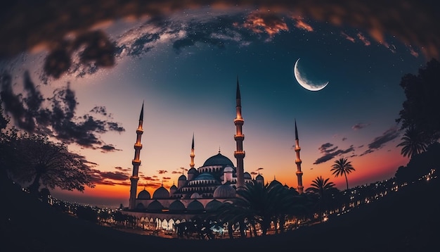 Mesquita pôr do sol céu lua noite sagrada noite islâmica e silhueta mesquita islâmica Generative AI