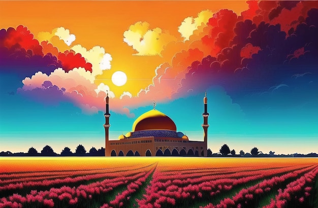 Mesquita Ramadan Kareem Ilustração da arquitetura islâmica Bandeira Islâmica Ramzan Generative AI