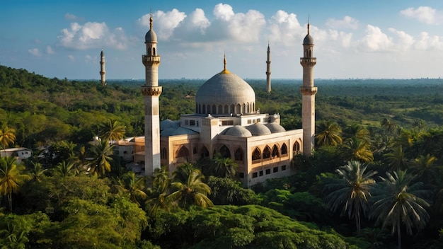 Foto mesquita serena com cúpulas em meio a vegetação exuberante sob um céu claro