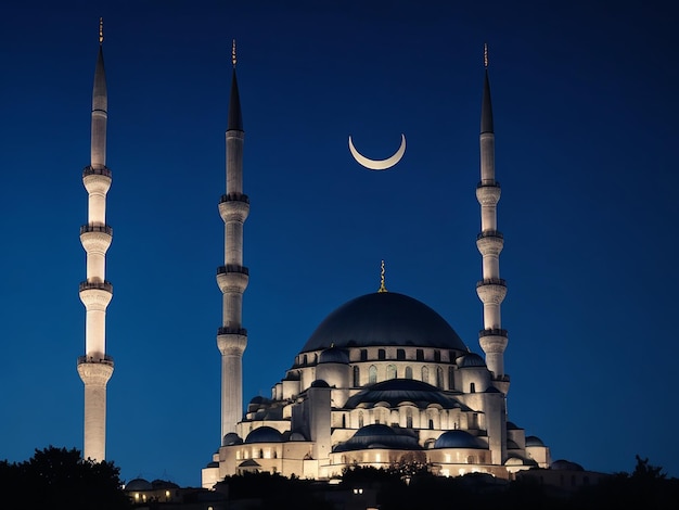 Mesquita Suleymaniye com uma lua crescente acima dela Céu noturno