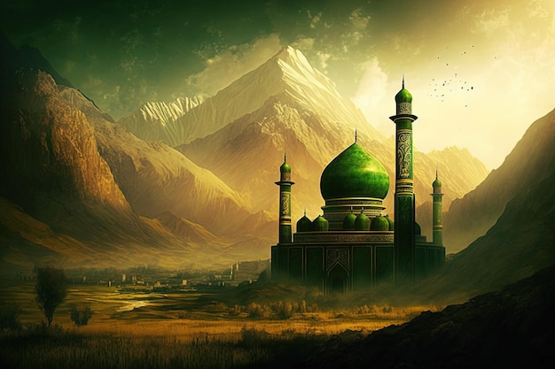 Mesquita verde com montanhas ao fundo, criatividade ai