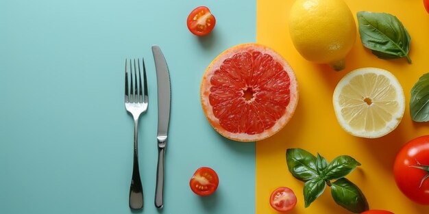 Messer, Gabel und Grapefruit auf dem Tisch gesundes Lebensmittelkonzept Flatlay Generative KI