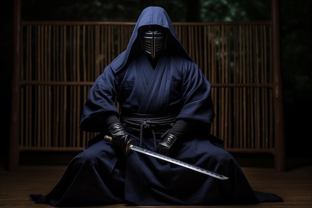 Mestre de Kendo sensei vestindo kimono azul e máscara de metal sentado no chão com a espada afiada IA generativa