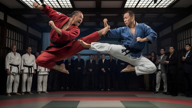 Mestres de artes marciais praticam chute e salto.