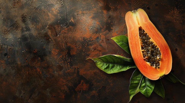 Foto metade de um fruto de papaia com folhas verdes em um fundo escuro o papaia é maduro e suculento com um doce sabor tropical