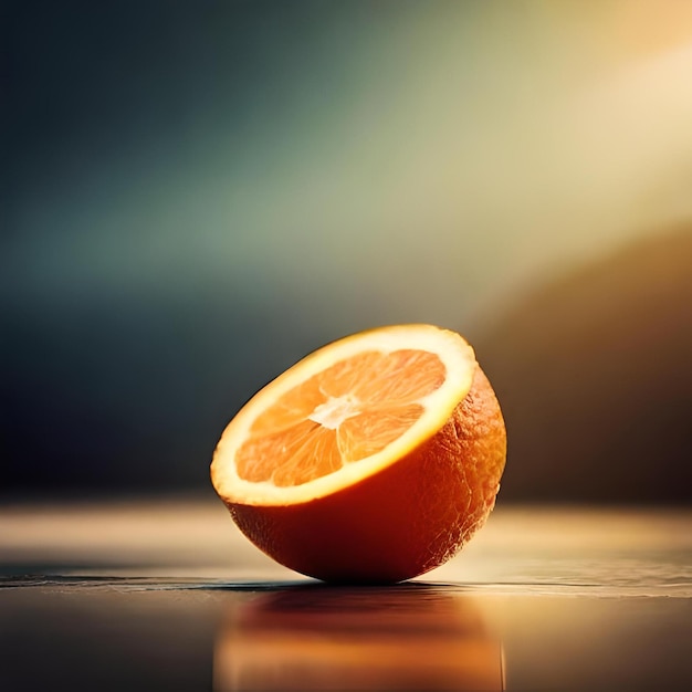 Metade de uma laranja é mostrada em uma mesa