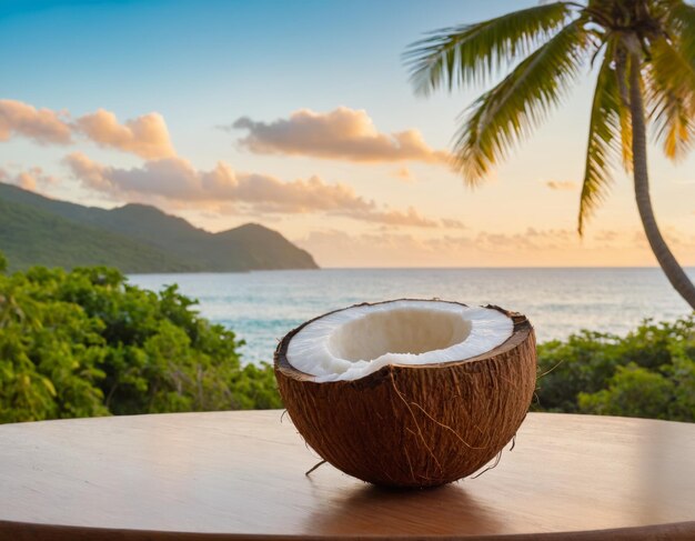 Metades de coco em uma mesa de madeira contra um fundo de praia tropical