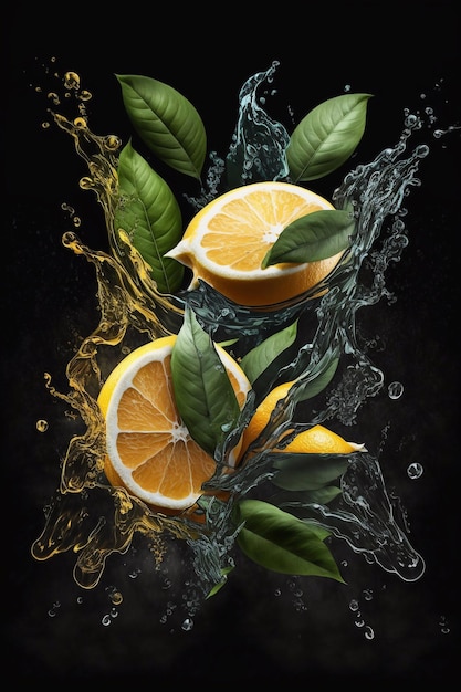 Metades de limão e folhas de limão em salpicos de água IA generativa