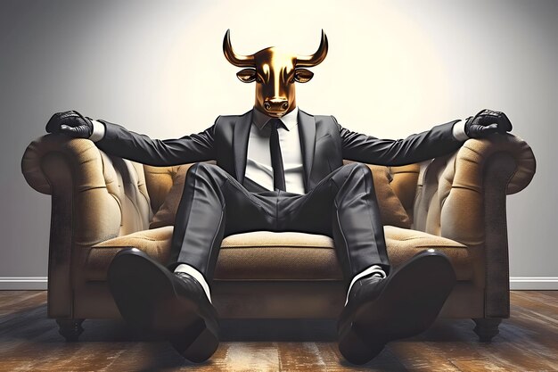 Metafora del hombre de negocios con cabeza de vaca Tendencia alcista del concepto de mercado de valores