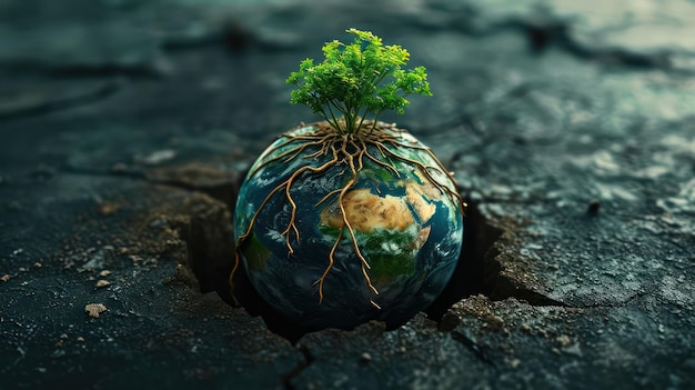 Metafora visual de uma Terra rachada com raízes emergindo simbolizando raízes de base