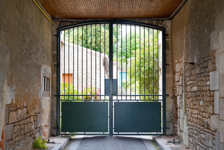 Foto metal clássico verde aço vintage arco de metal pedra casa portão acesso propriedade
