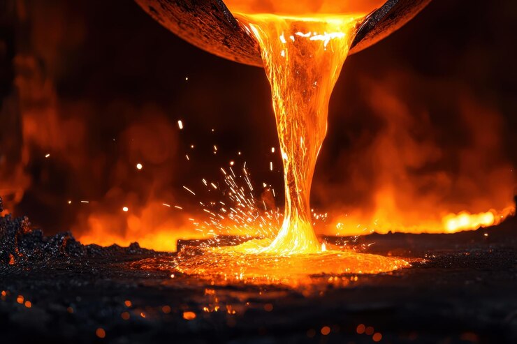 El metal fundido se vierte desde un horno creando chispas y un resplandor vívido contra un fondo oscuro