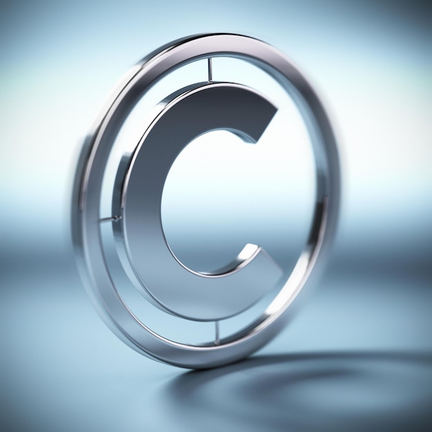 Metal o símbolo de direitos autorais em uma imagem quadrada de fundo azul com desfoque