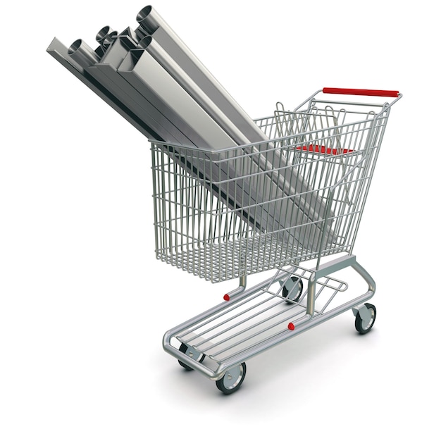 Metal rodante en carrito de compras 3D rendering sobre fondo blanco.